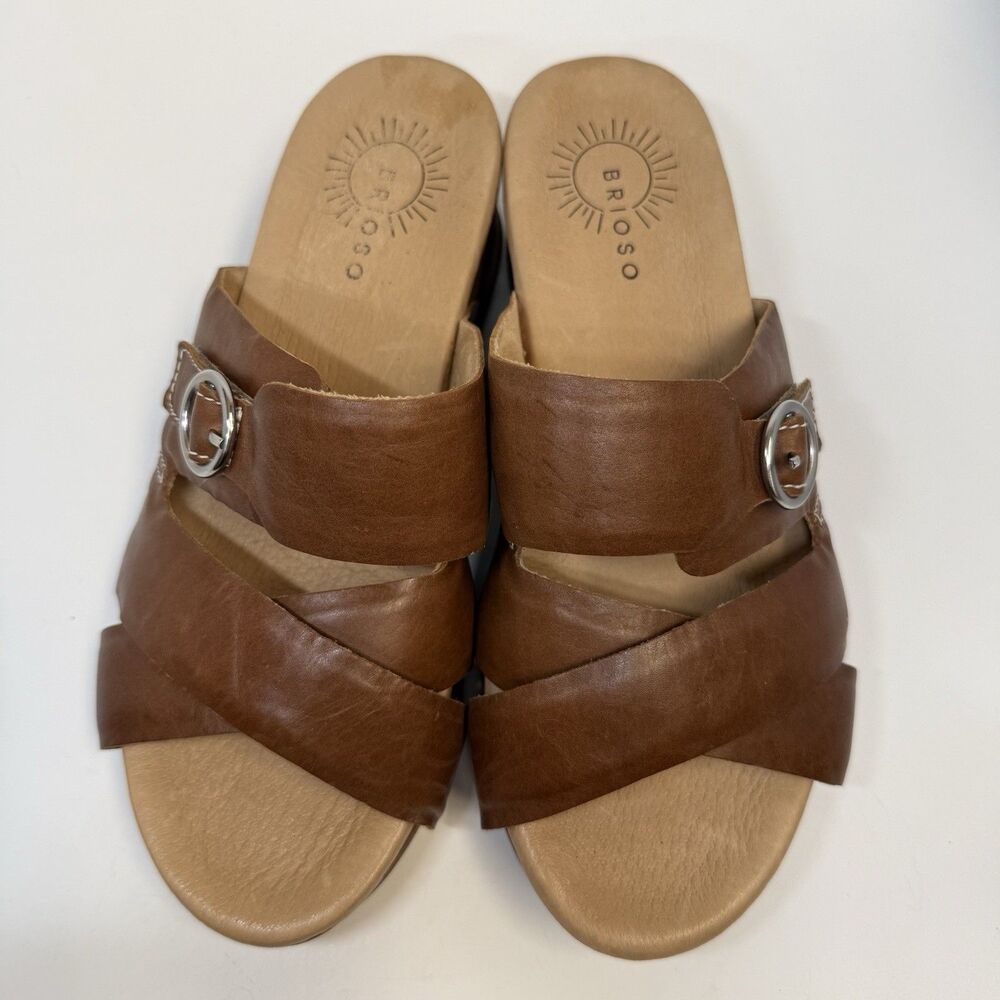 Brioso Ladera Leather Crossband Covered Wedge Slide Sandal In Tan Sz 8.5 New